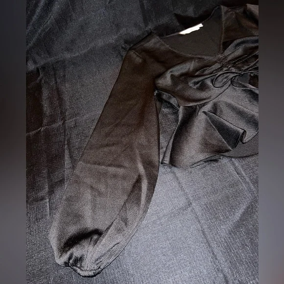 All in Favor Tie Front Satin Peplum Top in Black - Picture 8 of 10